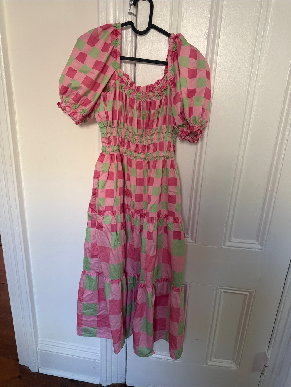 Pink & Green Check Puff-Sleeve Women’s Dress